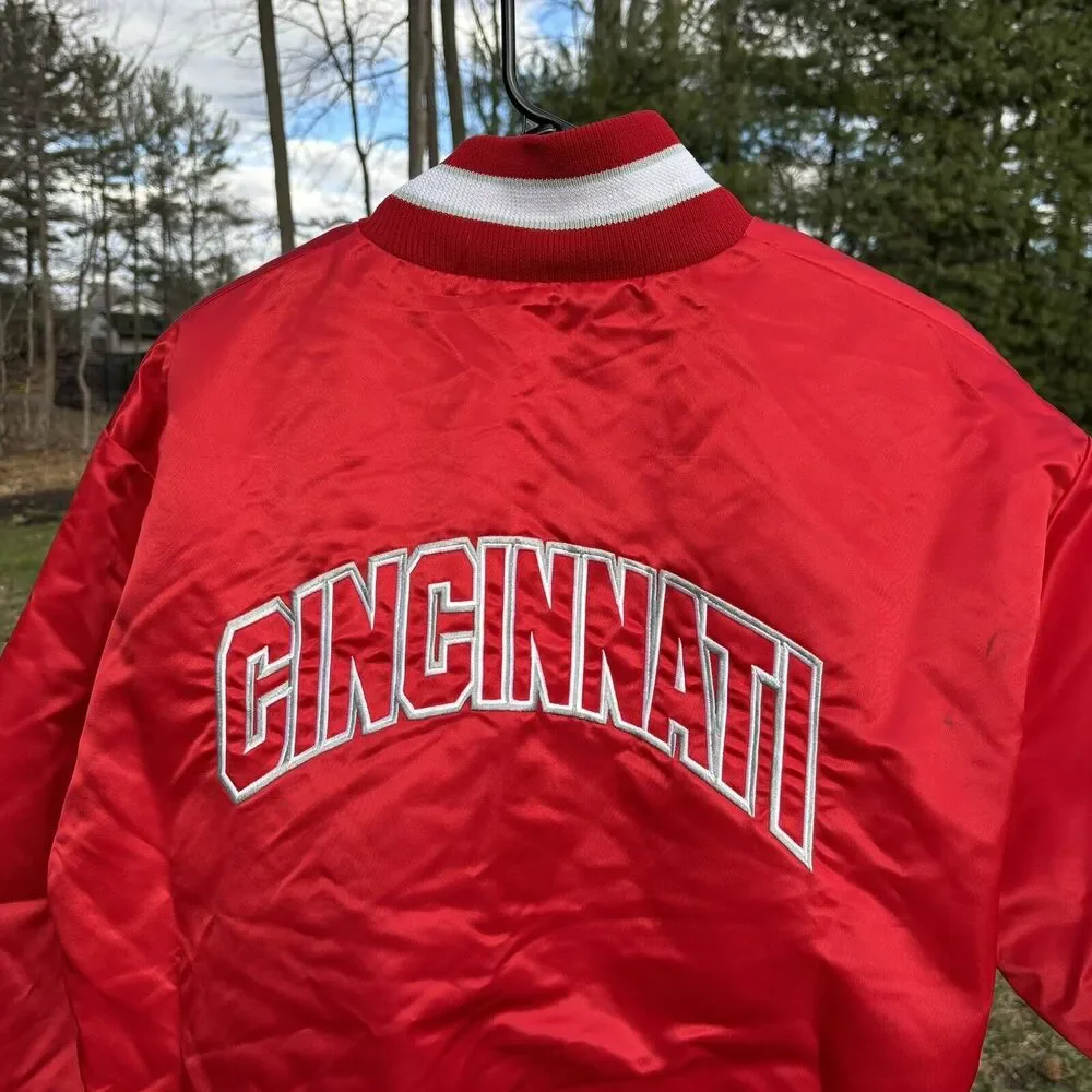 Vintage 80s Cincinnati Reds Satin Jacket Delong MLB Mens Large Varsity Bomber